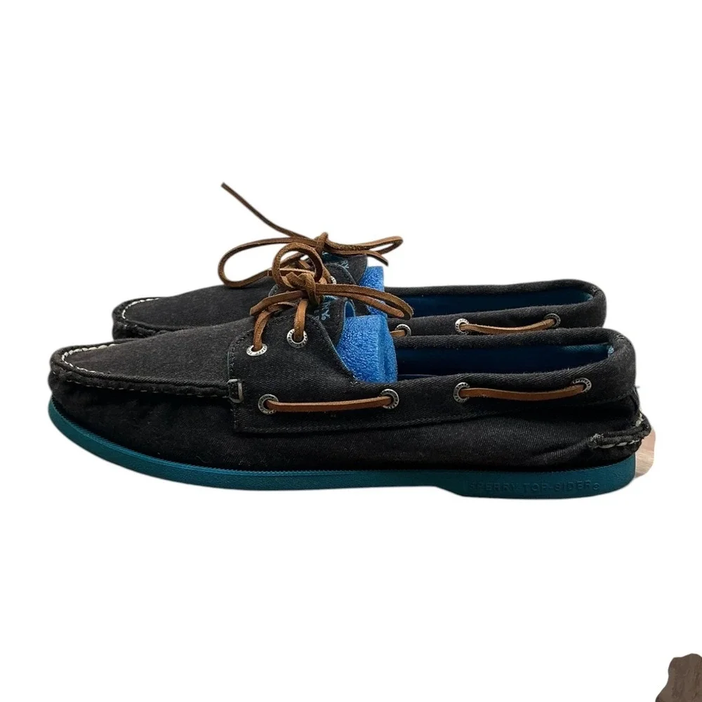 Sperry Top-Sider Mens 12M Black Fabric Boat Shoes Turquoise Sole 1049265 Loafers